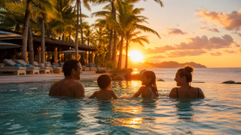 All inclusive resorts for families with parents and kids wading in a palm lined resort pool at golden hour