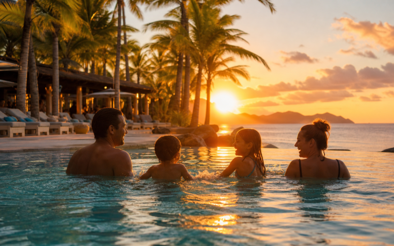 All inclusive resorts for families with parents and kids wading in a palm lined resort pool at golden hour