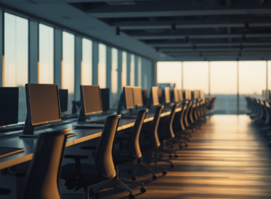 Rows of empty desks in an open plan office