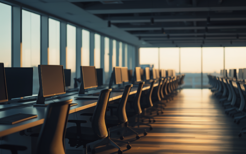 Rows of empty desks in an open plan office
