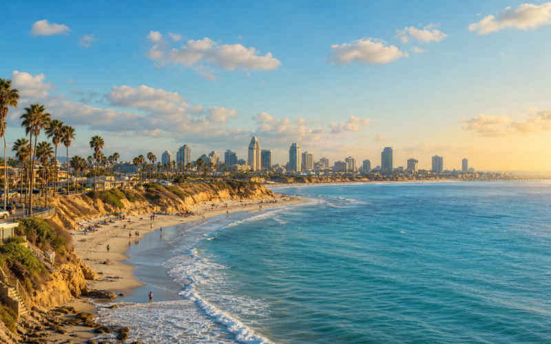 Sunny San Diego coastline with palm trees and the Pacific ocean, a weekend travel guide