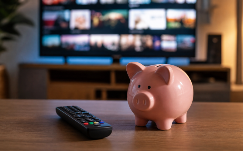 A TV remote beside a piggy bank on a coffee table in front of a television