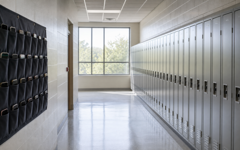 Row of school lockers in an empty hallway with a fabric phone storage pouch hanging beside them