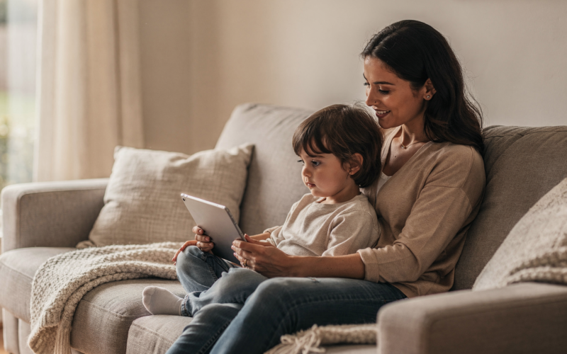 A young child on a couch looking at a tablet while a parent sits nearby