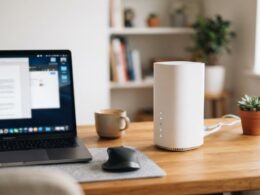 A modern Wi-Fi router on a wooden desk with a laptop in the background