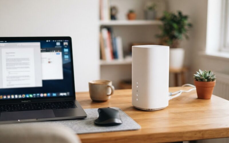 A modern Wi-Fi router on a wooden desk with a laptop in the background