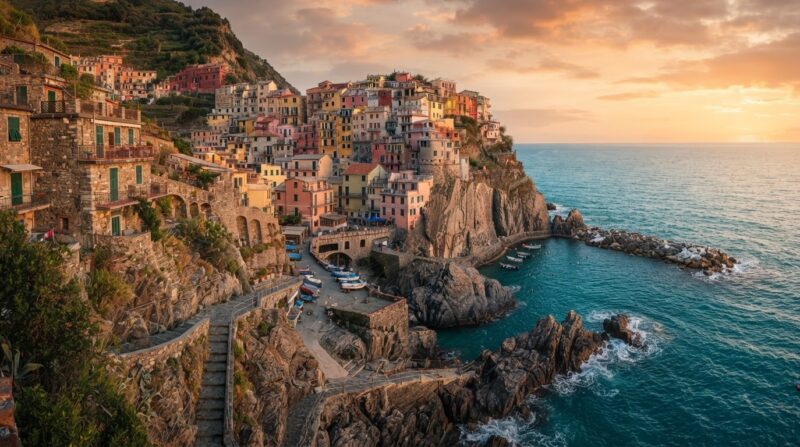 Colorful cliffside coastal village overlooking turquoise water at sunset