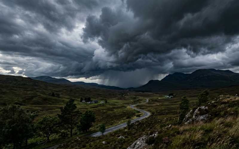 A dramatic stormy sky with dark clouds over a landscape