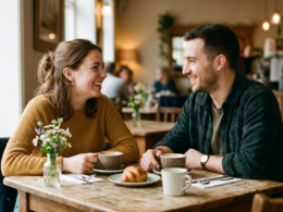 Two people smiling and making eye contact across a table
