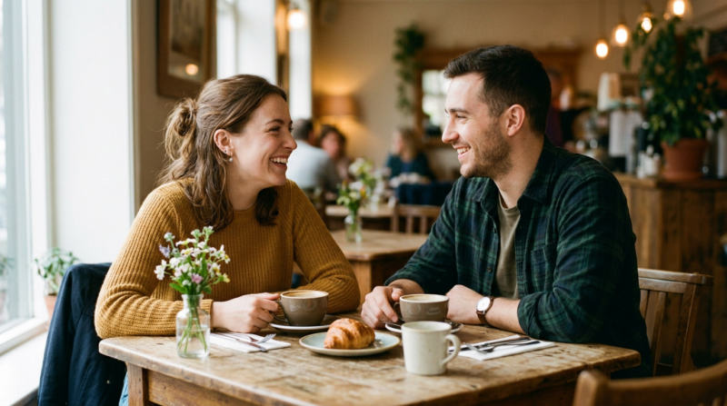 Two people smiling and making eye contact across a table