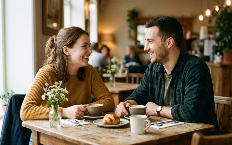 Two people smiling and making eye contact across a table