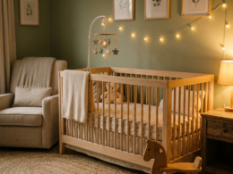 A peaceful baby nursery with a wooden crib and warm lamplight