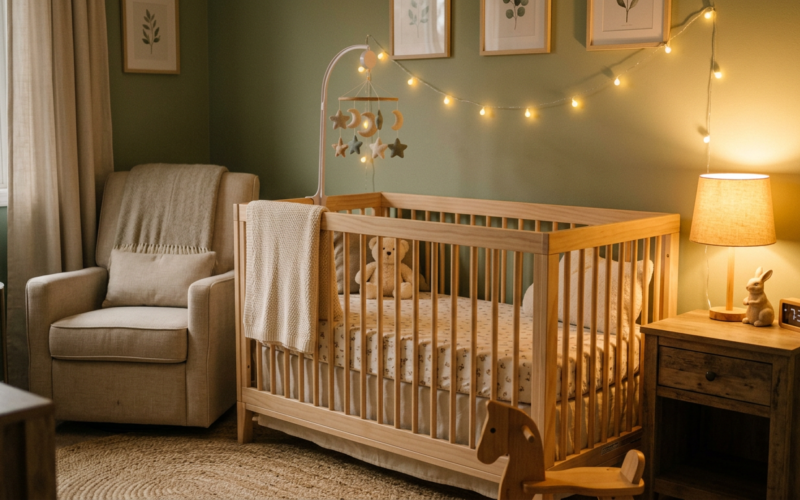 A peaceful baby nursery with a wooden crib and warm lamplight