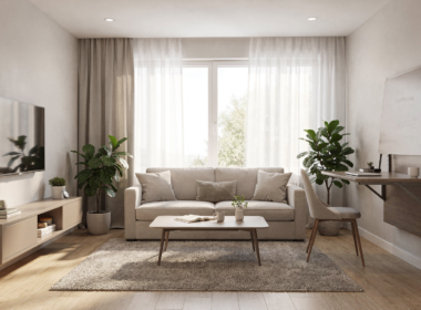 A cozy, well-designed small living room with space-saving furniture