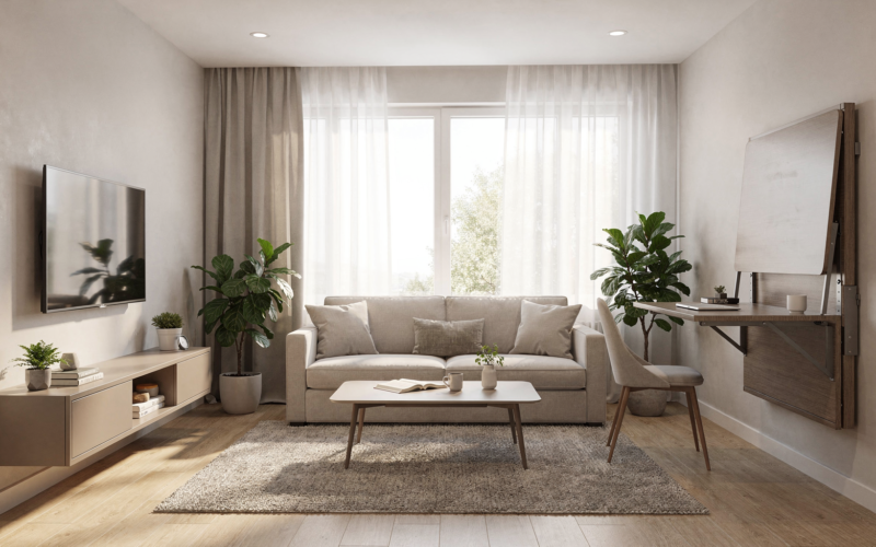 A cozy, well-designed small living room with space-saving furniture