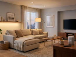 A cozy living room with a smart speaker and warm smart lighting