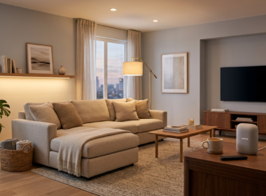 A cozy living room with a smart speaker and warm smart lighting