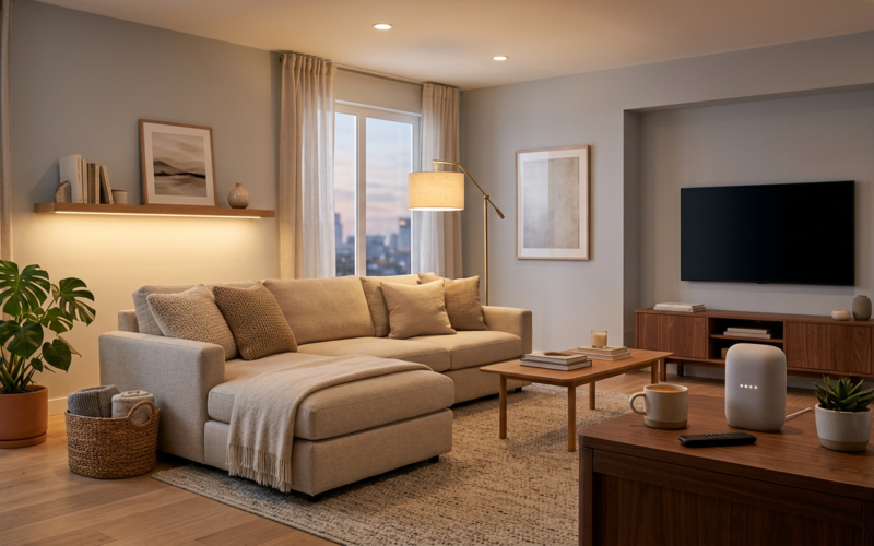 A cozy living room with a smart speaker and warm smart lighting