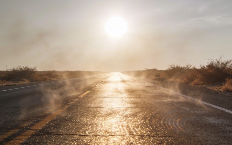 Heat haze rising off an empty rural highway under a blazing midsummer sun