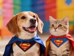 Dog and cat wearing tiny superhero capes reflecting the superhero pet names trend
