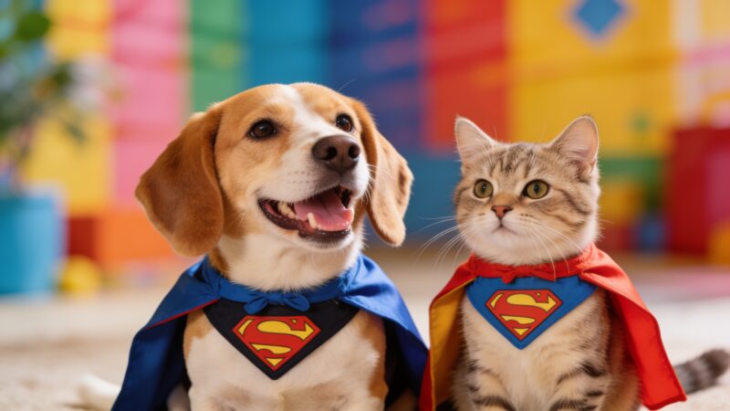 Dog and cat wearing tiny superhero capes reflecting the superhero pet names trend