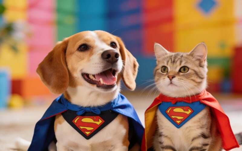 Dog and cat wearing tiny superhero capes reflecting the superhero pet names trend