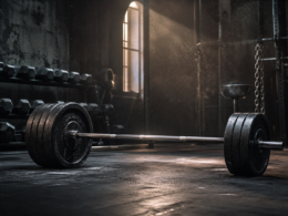 Loaded barbell with heavy plates in a moody gym with chalk dust and dramatic light