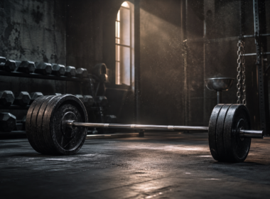 Loaded barbell with heavy plates in a moody gym with chalk dust and dramatic light