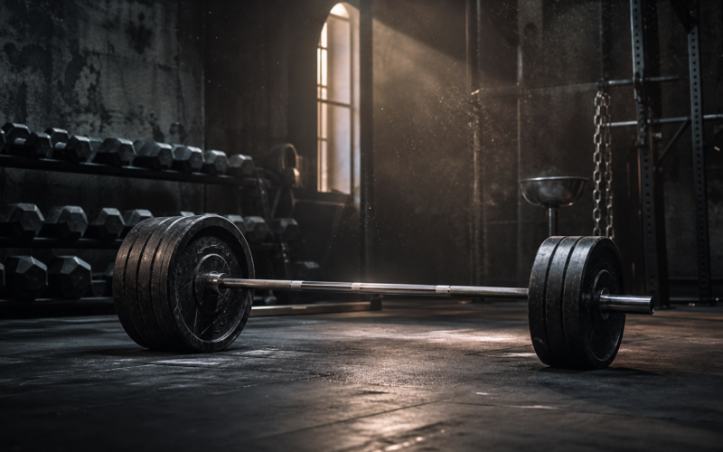 Loaded barbell with heavy plates in a moody gym with chalk dust and dramatic light