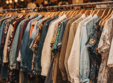 Crowded rack of secondhand clothing in a bright thrift store