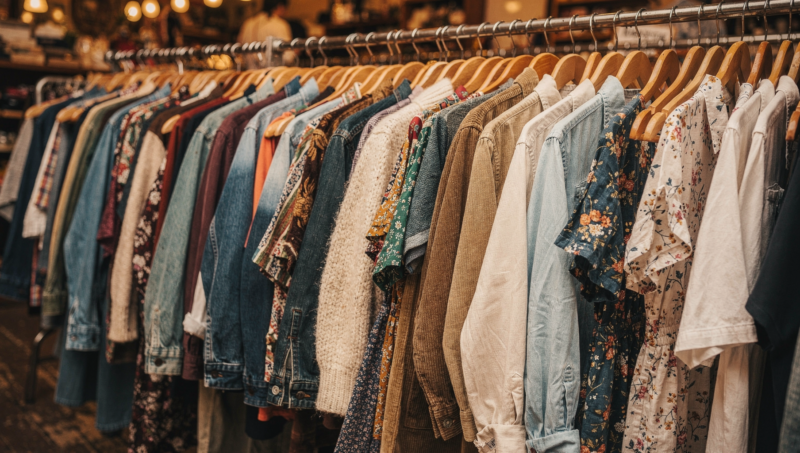 Crowded rack of secondhand clothing in a bright thrift store