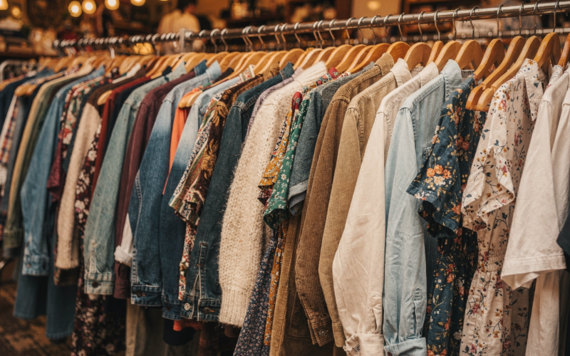 Crowded rack of secondhand clothing in a bright thrift store