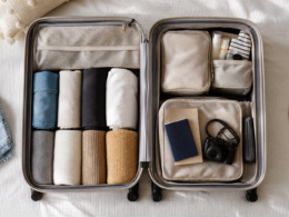 An open suitcase neatly packed with rolled clothes, packing cubes, and a passport