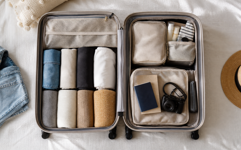 An open suitcase neatly packed with rolled clothes, packing cubes, and a passport