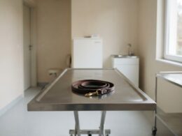 Empty veterinary exam room with a leash on the table