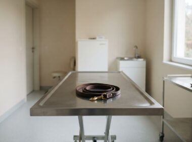 Empty veterinary exam room with a leash on the table