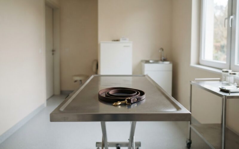 Empty veterinary exam room with a leash on the table