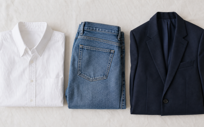Folded wardrobe essentials including a white shirt, jeans, and a blazer