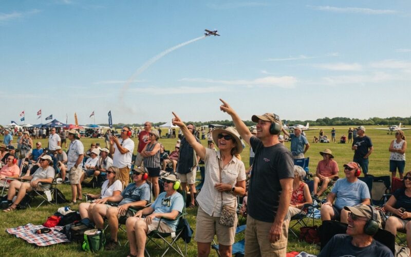 Spectators watching an air show as jets fly overhead