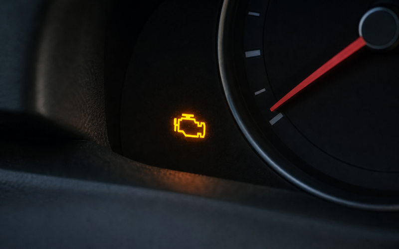 A car dashboard with an illuminated check engine warning light