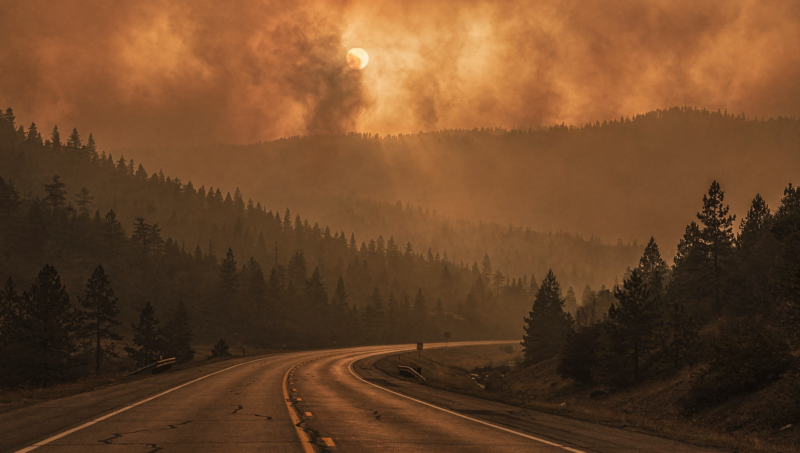 Wildfire smoke drifting over forested ridges above an empty closed highway