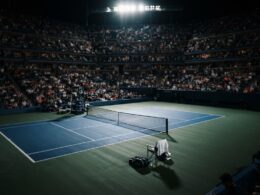 Djokovic US Open first round loss illustrated by an empty floodlit night tennis court and a lone courtside chair