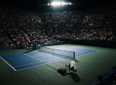 Djokovic US Open first round loss illustrated by an empty floodlit night tennis court and a lone courtside chair