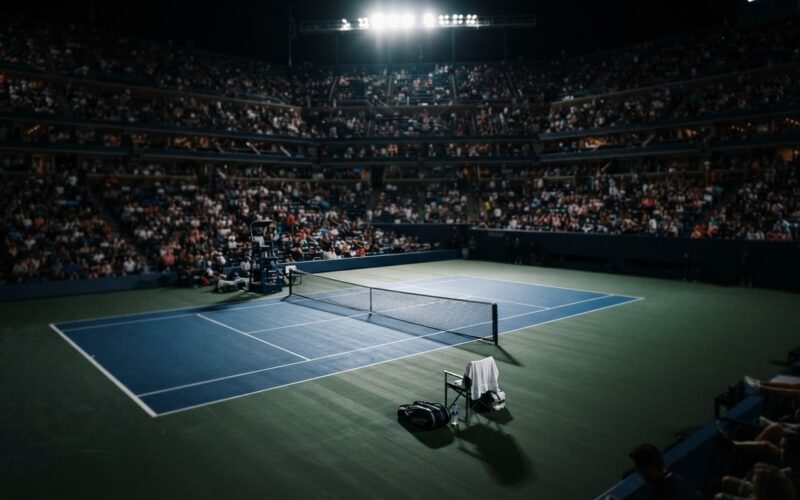 Djokovic US Open first round loss illustrated by an empty floodlit night tennis court and a lone courtside chair
