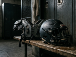 A football helmet and shoulder pads resting in a shadowy locker room with dramatic light