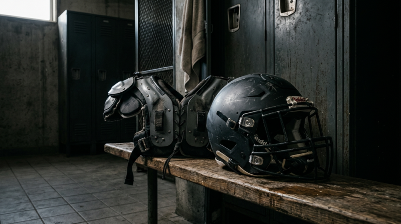 A football helmet and shoulder pads resting in a shadowy locker room with dramatic light