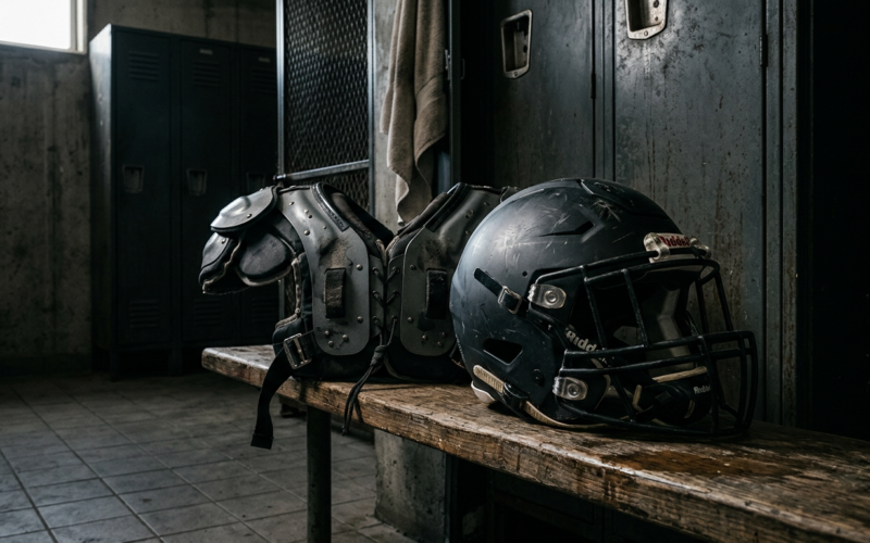 A football helmet and shoulder pads resting in a shadowy locker room with dramatic light