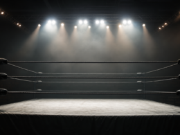 AEW Dynamite concept: an empty wrestling ring under dramatic arena spotlights