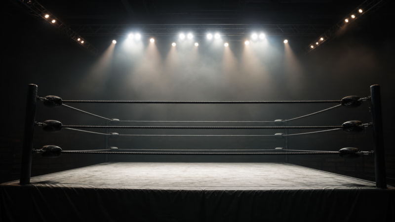 AEW Dynamite concept: an empty wrestling ring under dramatic arena spotlights