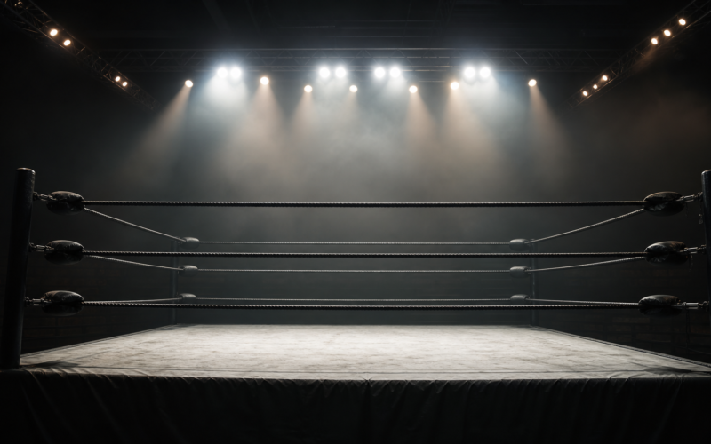 AEW Dynamite concept: an empty wrestling ring under dramatic arena spotlights